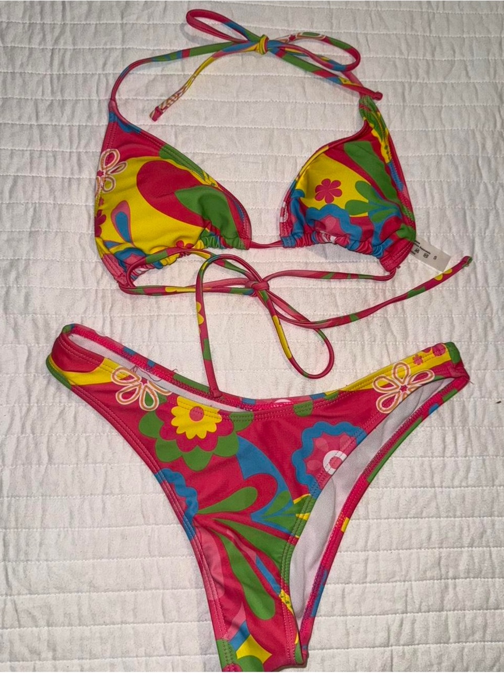 SHEIN Multicolor Pink Yellow Green Blue Floral Tie Bikini